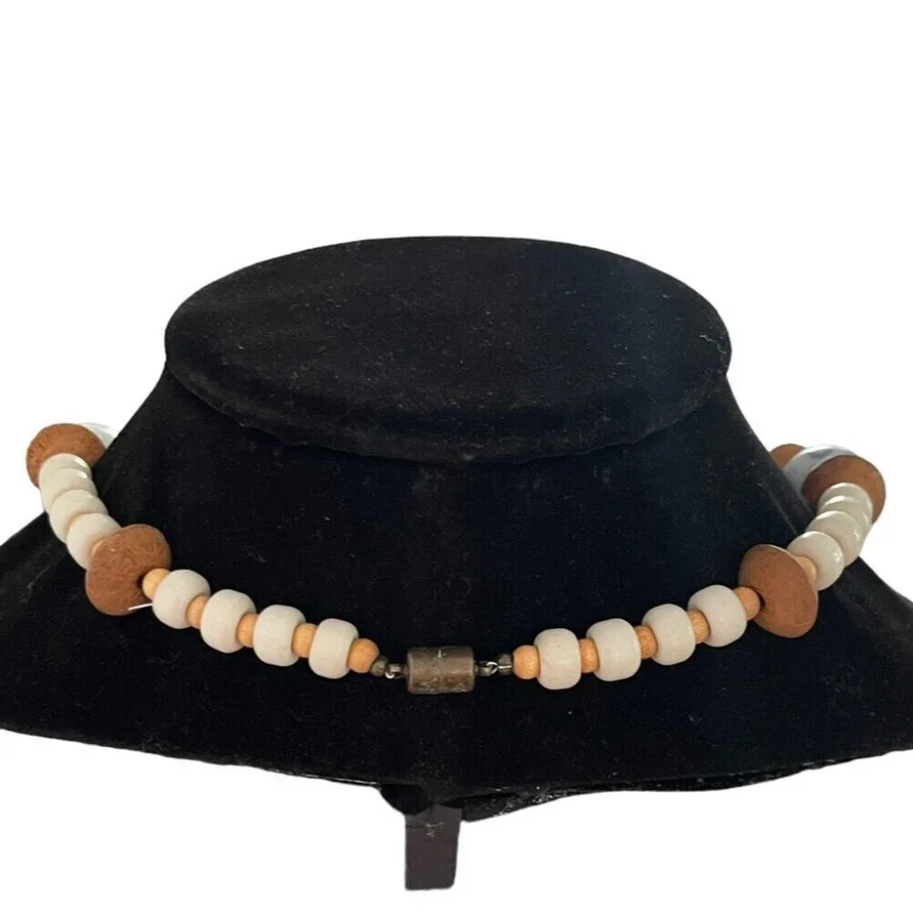 Vintage Handmade Chunky Wooden Beaded‎ Choker Collar Painted Porcelain Necklace